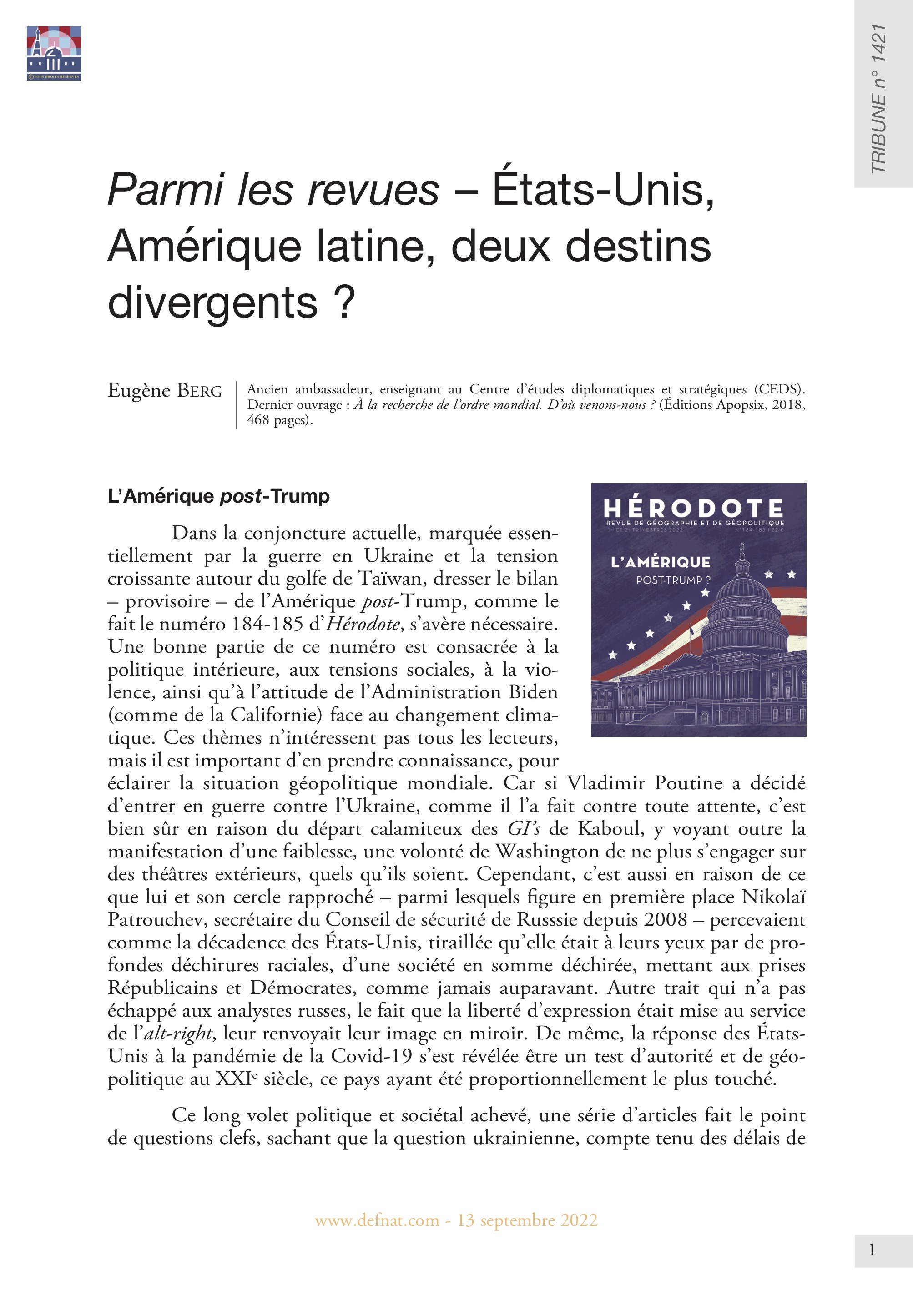 Parmi les revues – États-Unis, Amérique latine, deux destins divergents ? (T 1421)
